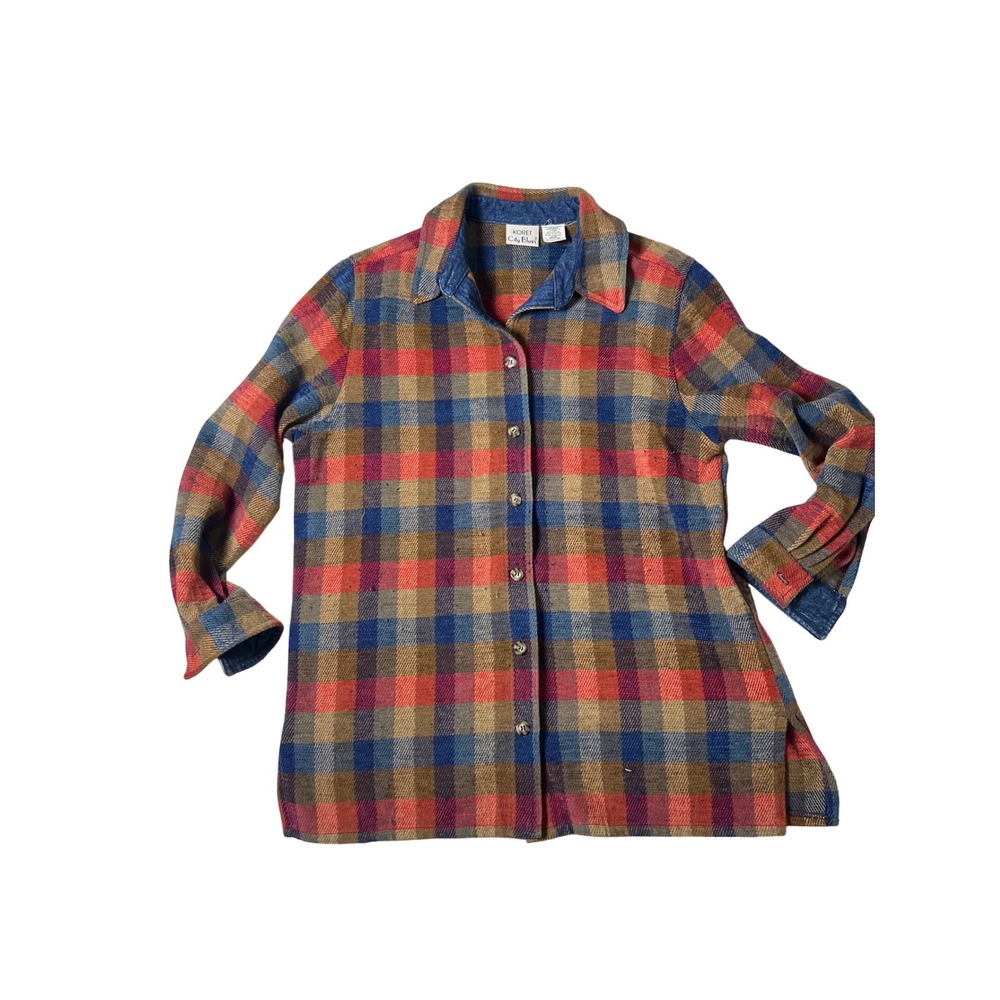 Koret City Blues Plaid Flannel Shirt Medium Red Blue Denim Trim Button Down Top